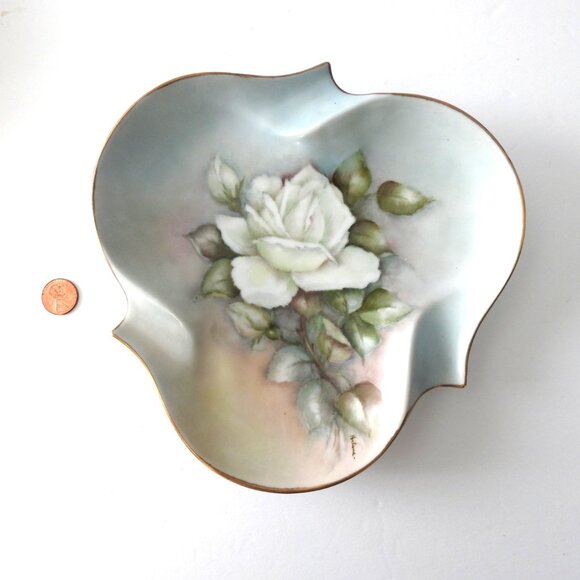 Vintage Decorative Porcelain Dish Hand Painted by Helen Hale White Rose - Picture 2 of 6